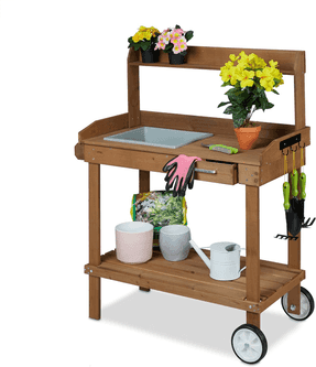 Relaxdays Mesa de Jardinería con Ruedas con Bandeja y Cajón