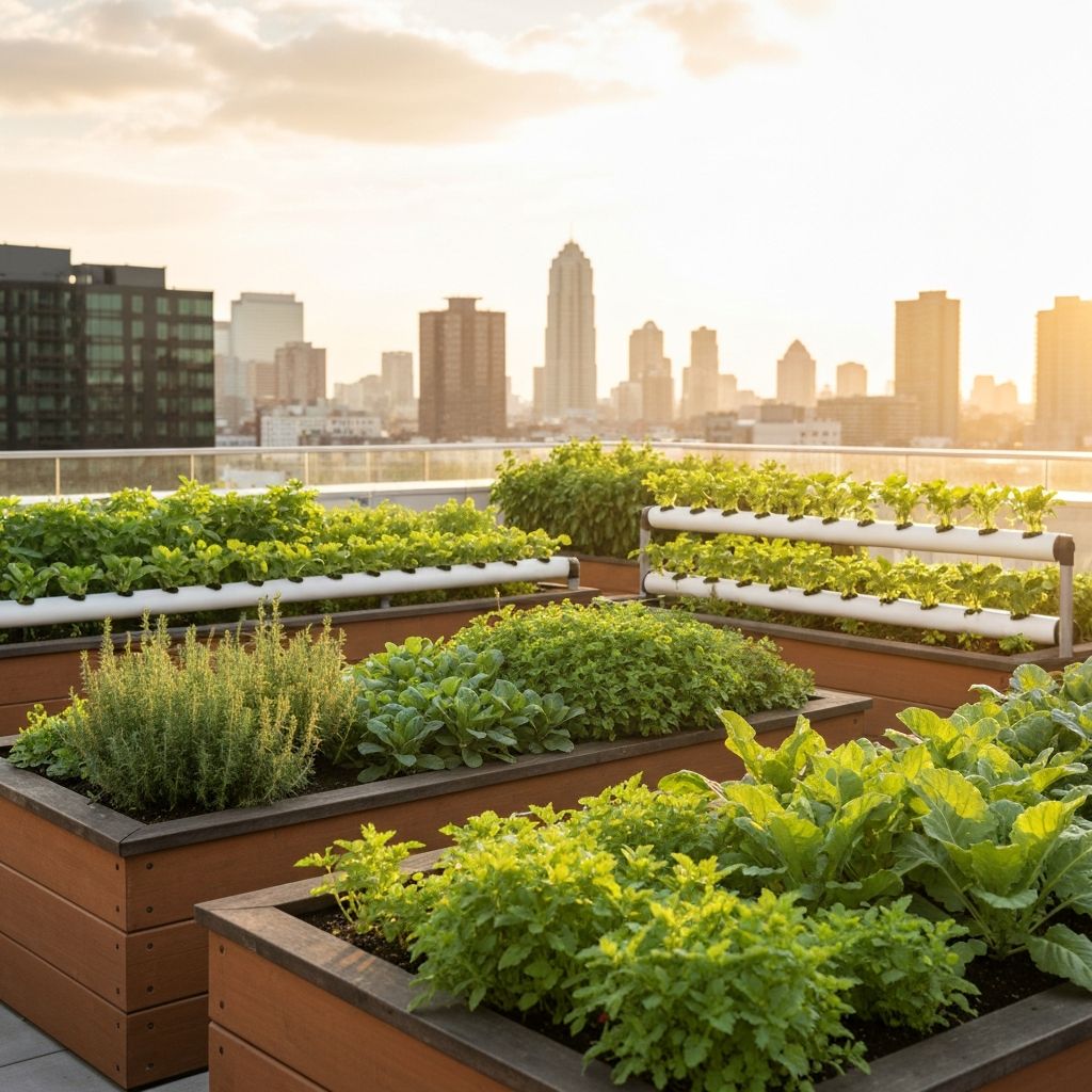 Huerto urbano moderno en terraza con plantas frescas